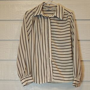 Andree By Unit Womens Small Black White Tan Striped Button Up Blouse Career